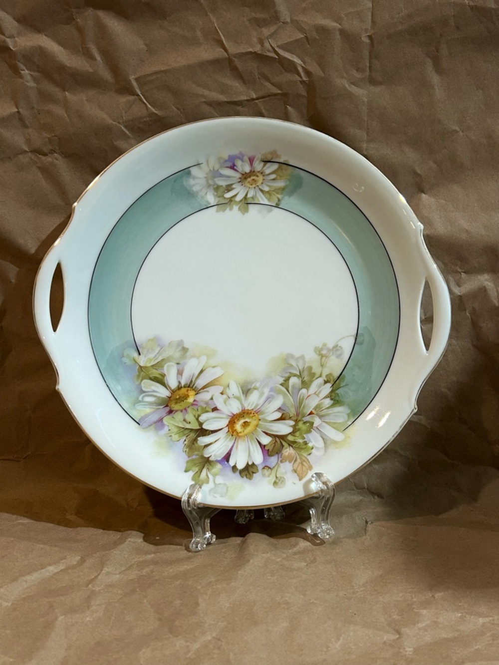 Vtg Nappy Plate Dish W/ Handles Porcelain Daisies Teal Band Germany